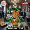 Crystal leprechaun whiskey bottle with green shamrock hat and orange beard on a black marble base with gold text plaque.!