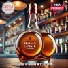 Maker's Mark whiskey bottle with a rounded glass body and red wax drip seal standing on a wooden bar counter.!