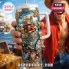 One Piece 30th anniversary stainless steel tumbler with anime character wrap-around print, white handle, and metal straw.!