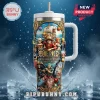 One Piece 30th anniversary steel tumbler featuring anime characters, a ship, and gold trim against a water splash background.!