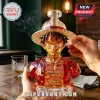 One Piece Luffy crystal decanter bottle featuring straw hat and 30th anniversary text engraved on red glass bust surface.!
