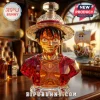 One Piece Luffy bust decanter made of faceted amber glass with straw hat lid, set on a wooden bar counter.!