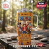 One Piece 30th anniversary orange tumbler with straw featuring Luffy and crew, personalized with the name Thomas.!