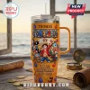 One Piece 30th anniversary orange tumbler with straw featuring Luffy and crew, custom name Thomas, and treasure map graphics.!
