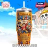 One Piece anime 30th anniversary yellow stainless steel travel tumbler with straw, featuring Straw Hat crew characters.!