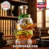Faceted crystal Oregon Ducks mascot decanter with green cap, gold details, and plaque reading Win the Day 132nd Anniversary.!