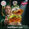 Faceted crystal Oregon Ducks mascot decanter with green cap and gold bow tie on a marble base. Reads Win the Day 132nd year.!