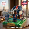 Paris Saint-Germain building block display featuring a player figurine, a trophy, a soccer ball, and an Eiffel Tower model.!
