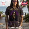 Ozzy Osbourne button-down shirt featuring purple stained glass design, gothic crosses, gargoyles, and song title graphics.!