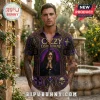 Man wearing a purple Ozzy Osbourne short-sleeve button-down shirt with gothic stained-glass graphics and skull motifs.!