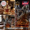 Ozzy Osbourne shaped glass decanter featuring a crown, bat wings, and engraved text In Memory of Ozzy on a wood desk.!