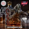 Ozzy Osbourne shaped glass whiskey decanter with gold crown stopper, red OZZY logo, and rockstar figure design.!