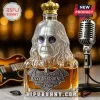 Ozzy Osbourne shaped glass liquor decanter with a gold crown stopper, metal bat label, and engraved rock legend details.!