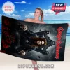 Ozzy Osbourne beach towel featuring a dark gothic design with red roses, skulls, and a throne against a stormy background.!