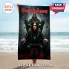 Ozzy Osbourne beach towel featuring Ozzy sitting on a gothic skull throne with red roses against a stormy sky background.!