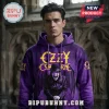 Man wearing a purple Ozzy Osbourne hooded sweatshirt with a graphic of Ozzy in a bowler hat and bat wings.!
