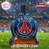 Paris Saint-Germain glass liquor bottle featuring a blue UEFA Champions League 2025/2026 logo against a stadium background.!