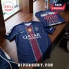 Navy blue PSG soccer jersey with red vertical graphic, white Qatar Airways logo, and Back 2 Back 26 Champions D’Europe text.!