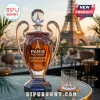 Crystal trophy-shaped whiskey decanter with Paris Saint-Germain branding and Eiffel Tower stopper on a balcony table.!