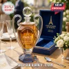 Crystal trophy-shaped whiskey decanter with Paris Saint-Germain branding and a matching blue velvet display box.!