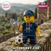 Paris Saint-Germain minifigure wearing a team cap and jersey, holding a silver Champions League trophy by a soccer ball.!
