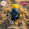 LEGO minifigure wearing a navy Paris Saint-Germain F.C. cap, holding a silver trophy beside a soccer ball on sand.!