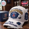 White distressed Paris Saint-Germain baseball cap with gold Champions embroidery, blue team logo, and matching gift box.!