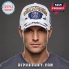 White distressed baseball cap featuring Paris Saint-Germain crest, gold Champions text, and UEFA Champions League branding.!