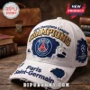 White Paris Saint-Germain distressed baseball cap with gold Champions embroidery and blue UEFA Champions League side patch.!