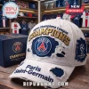 White Paris Saint-Germain distressed baseball cap with gold Champions embroidery and blue UEFA Champions League patch.!