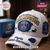 White distressed Paris Saint-Germain baseball cap with gold Champions embroidery and blue UEFA Champions League side patch.!
