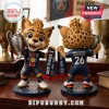 Two views of a PSG lynx mascot figurine holding a silver trophy, wearing a navy kit with 26, and standing on a Paris base.!