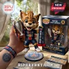 Paris Saint-Germain feline mascot vinyl figure holding a silver trophy and scarf with a branded display stand and box.!
