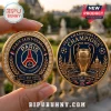 Paris Saint-Germain commemorative gold coin with crystal rim, featuring PSG logo, Eiffel Tower, and Champions League trophy.!