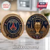 Paris Saint-Germain 2025-2026 commemorative gold coins with blue enamel, rhinestones, Eiffel Tower, and trophy imagery.!