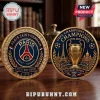 Two gold-rimmed Paris Saint-Germain commemorative coins featuring the team crest, Eiffel Tower, and Champions League trophy.!