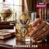 Clear whiskey glass featuring gold Paris Saint-Germain crest, UEFA Champions League 2026 winners emblem, and soccer imagery.!