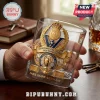 Clear glass whiskey tumbler featuring a gold PSG UEFA Champions League 2026 winners emblem and crown graphic.!