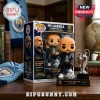 Pep Guardiola Manchester City Funko Pop figurine with miniature Champions League trophy on a wooden desk background.!