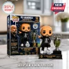 Pep Guardiola Funko Pop figure wearing a black coat, standing with a Manchester City trophy and ball on a marble table.!