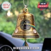 Pink Floyd Dark Side of the Moon brass bell ornament with prism logo, clock faces, and 53rd anniversary text hanging in car.!