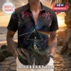 Pink Floyd button-down short-sleeve shirt featuring Dark Side of the Moon prism and stained-glass style graphic art.!