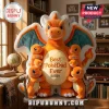 Large orange Charizard plush toy holding four smaller Charmander figures with names Lisa, Brian, Alex, and Emma printed.!