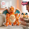 Charizard plush holding four Charmander figures personalized with names Lisa, Brian, Alex, and Emma on a sofa.!