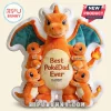 Large orange Charizard plush toy holding four small Charmander plushies with embroidered names on a white background.!