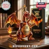Charizard Pokémon 30th anniversary glass whiskey bottle with flame details, gold crown, and matching black display box.!
