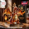 Charizard-shaped glass whiskey bottle with flame wings, a crown stopper, and a 30th Anniversary label on a wood base.!