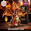 Charizard shaped glass whiskey decanter with flame wings, 30th anniversary label, and black gift box on wooden base.!