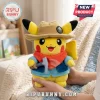 Pikachu plush toy wearing a tan explorer hat, blue vest, red neckerchief, and holding a small grey pickaxe tool.!
