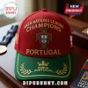 Red and green baseball cap featuring embroidered UEFA Nations League Champions text and Portugal soccer team crest.!